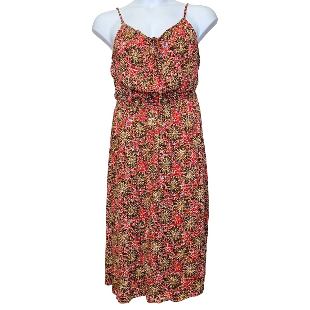Faded Glory Midi Sun Dress Women Orange Smocked Boho Vacation Festival Resort M